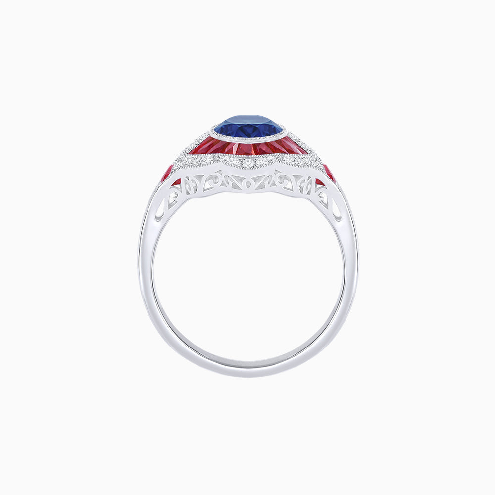 Art Deco Inspired Round Cut Scalloped Double Halo Ring with French-Cut Gemstones