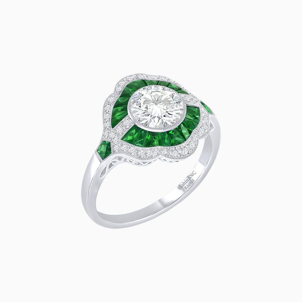 Art Deco Inspired Round Cut Scalloped Double Halo Ring with French-Cut Gemstones