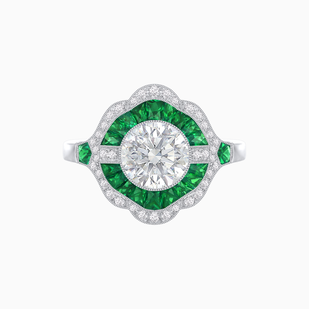 Art Deco Inspired Round Cut Scalloped Double Halo Ring with French-Cut Gemstones