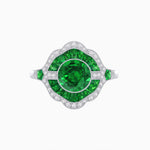 Load image into Gallery viewer, Art Deco Inspired Round Cut Scalloped Double Halo Ring with French-Cut Gemstones
