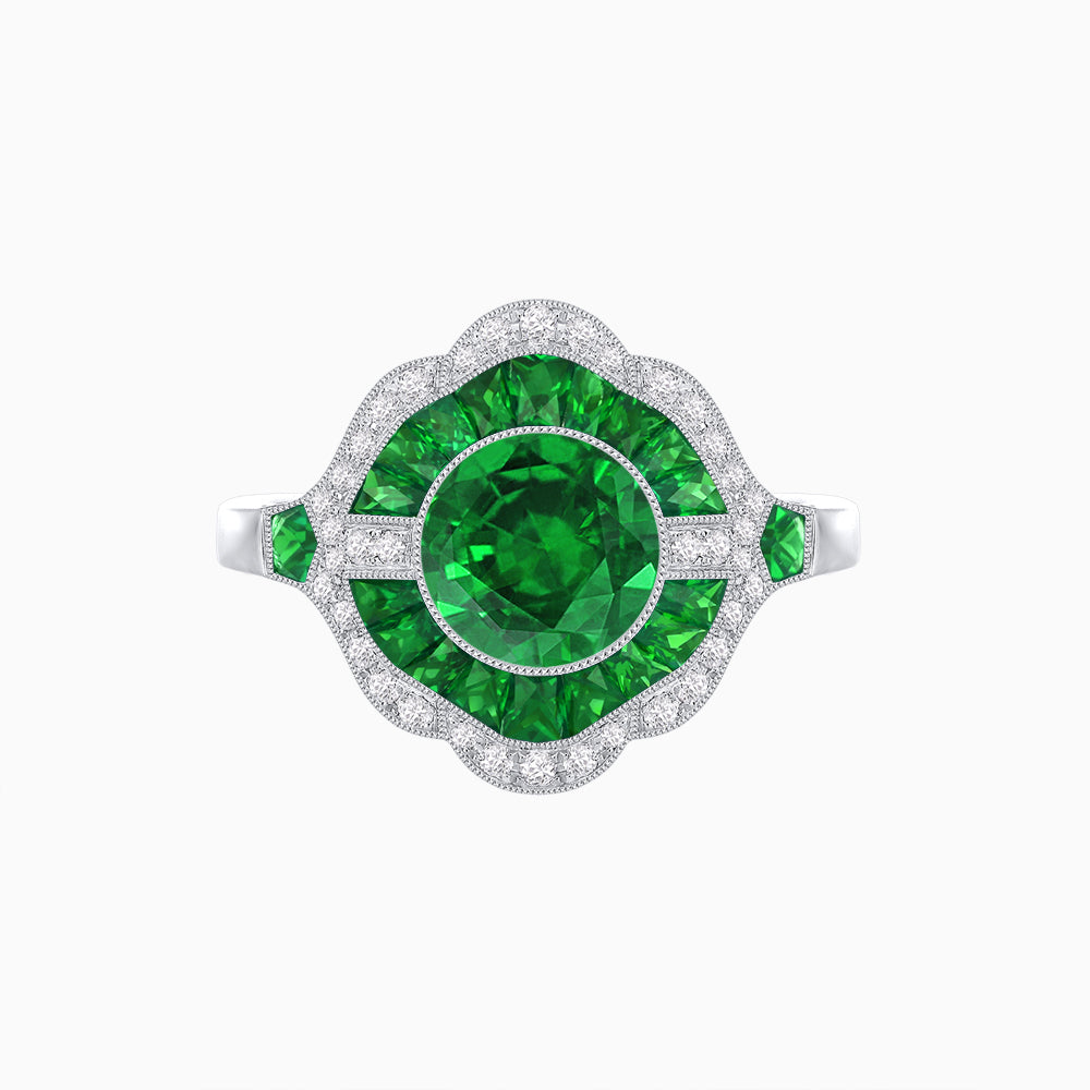 Art Deco Inspired Round Cut Scalloped Double Halo Ring with French-Cut Gemstones
