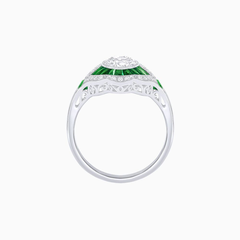 Art Deco Inspired Round Cut Scalloped Double Halo Ring with French-Cut Gemstones
