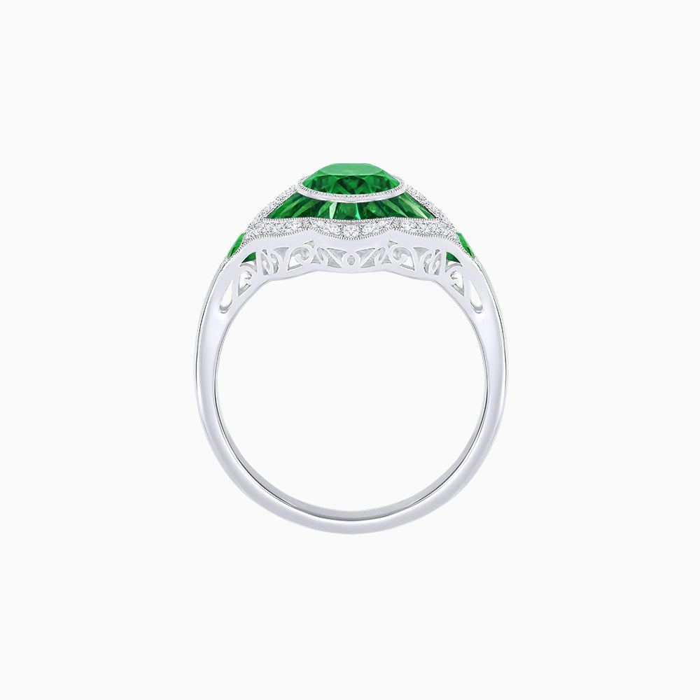 Art Deco Inspired Round Cut Scalloped Double Halo Ring with French-Cut Gemstones