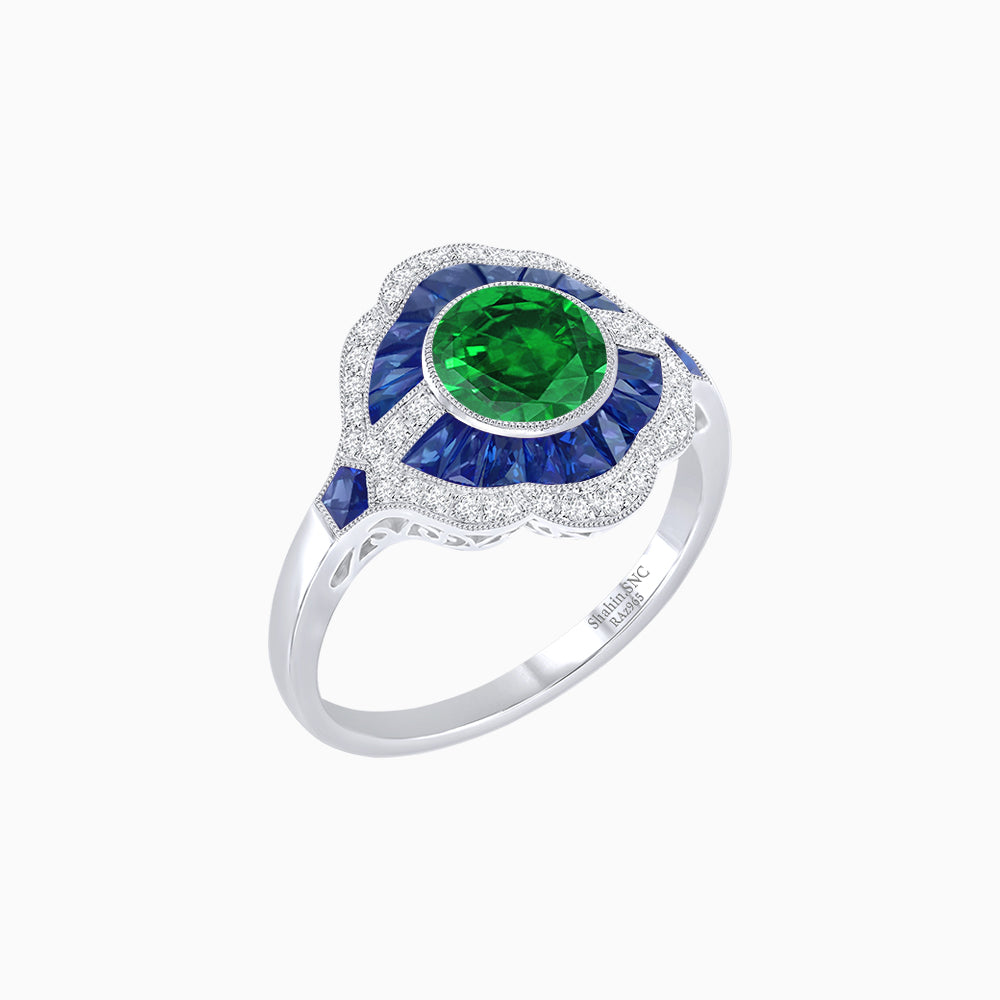 Art Deco Inspired Round Cut Scalloped Double Halo Ring with French-Cut Gemstones