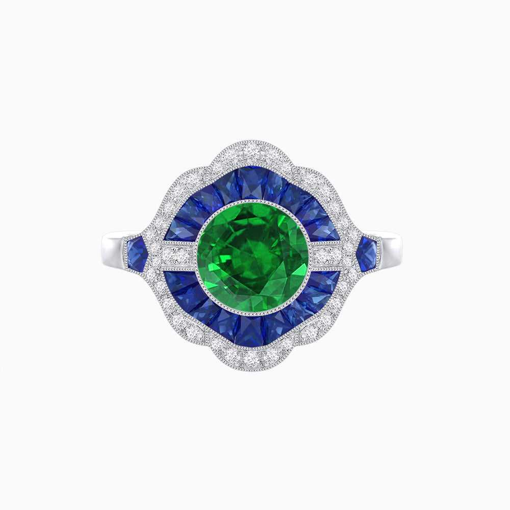 Art Deco Inspired Round Cut Scalloped Double Halo Ring with French-Cut Gemstones