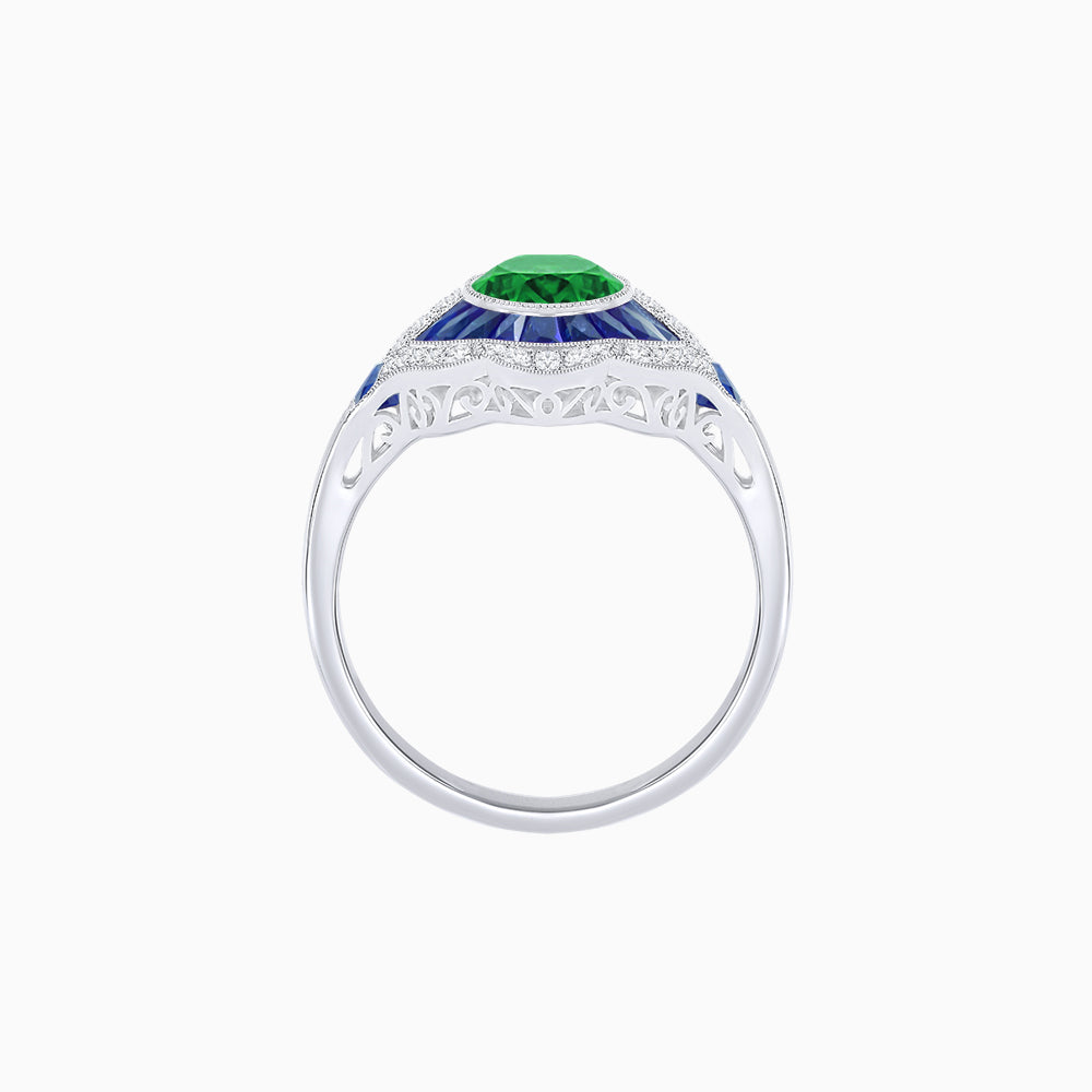 Art Deco Inspired Round Cut Scalloped Double Halo Ring with French-Cut Gemstones