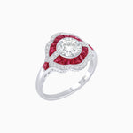 Load image into Gallery viewer, Art Deco Inspired Round Cut Scalloped Double Halo Ring with French-Cut Gemstones