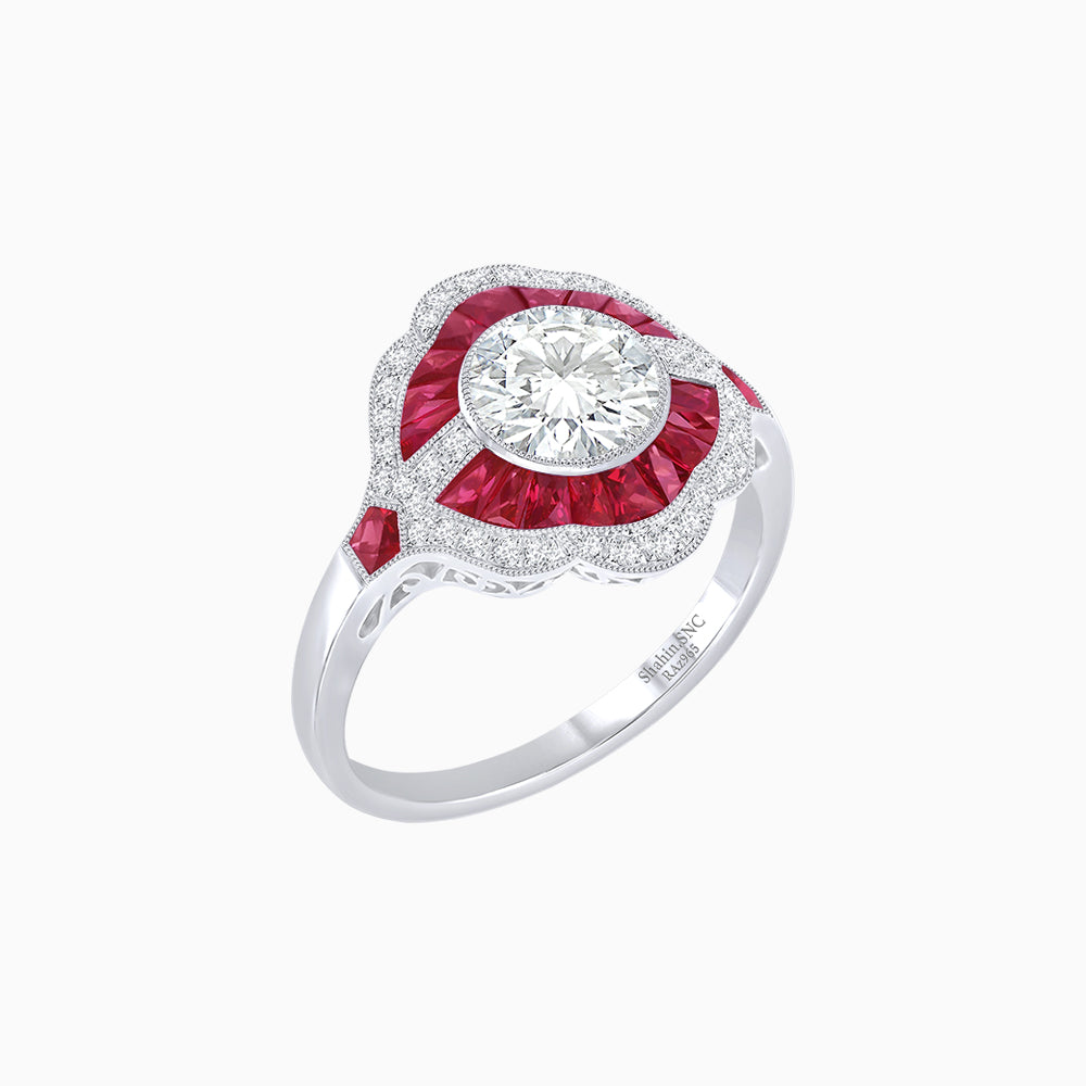 Art Deco Inspired Round Cut Scalloped Double Halo Ring with French-Cut Gemstones