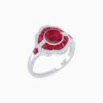 Load image into Gallery viewer, Art Deco Inspired Round Cut Scalloped Double Halo Ring with French-Cut Gemstones