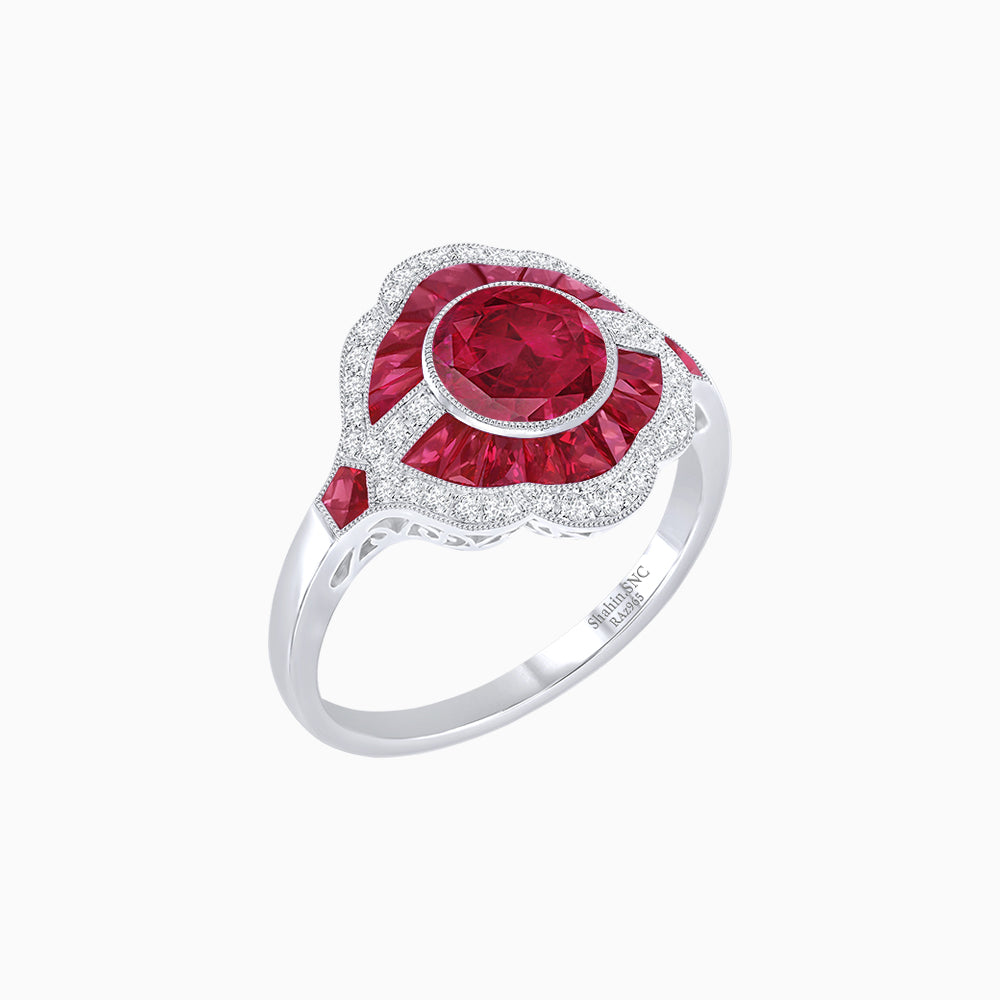 Art Deco Inspired Round Cut Scalloped Double Halo Ring with French-Cut Gemstones
