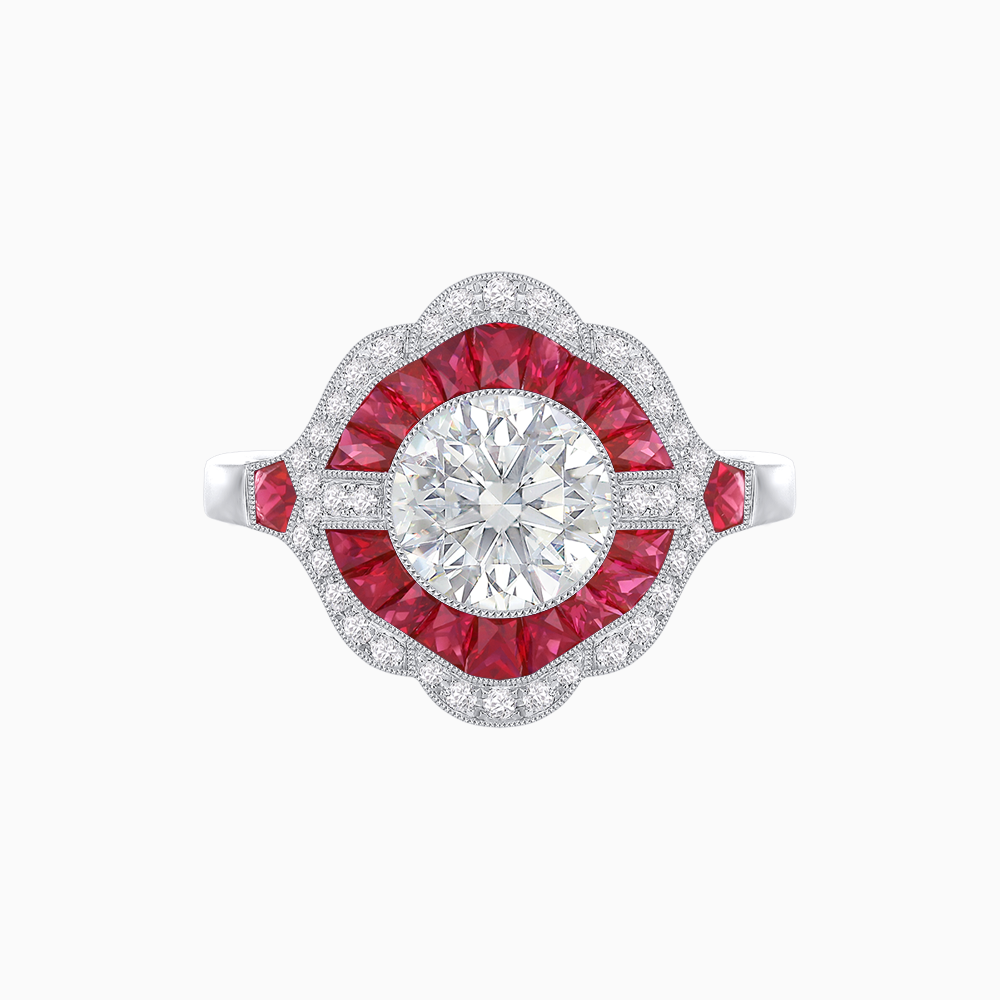 Art Deco Inspired Round Cut Scalloped Double Halo Ring with French-Cut Gemstones
