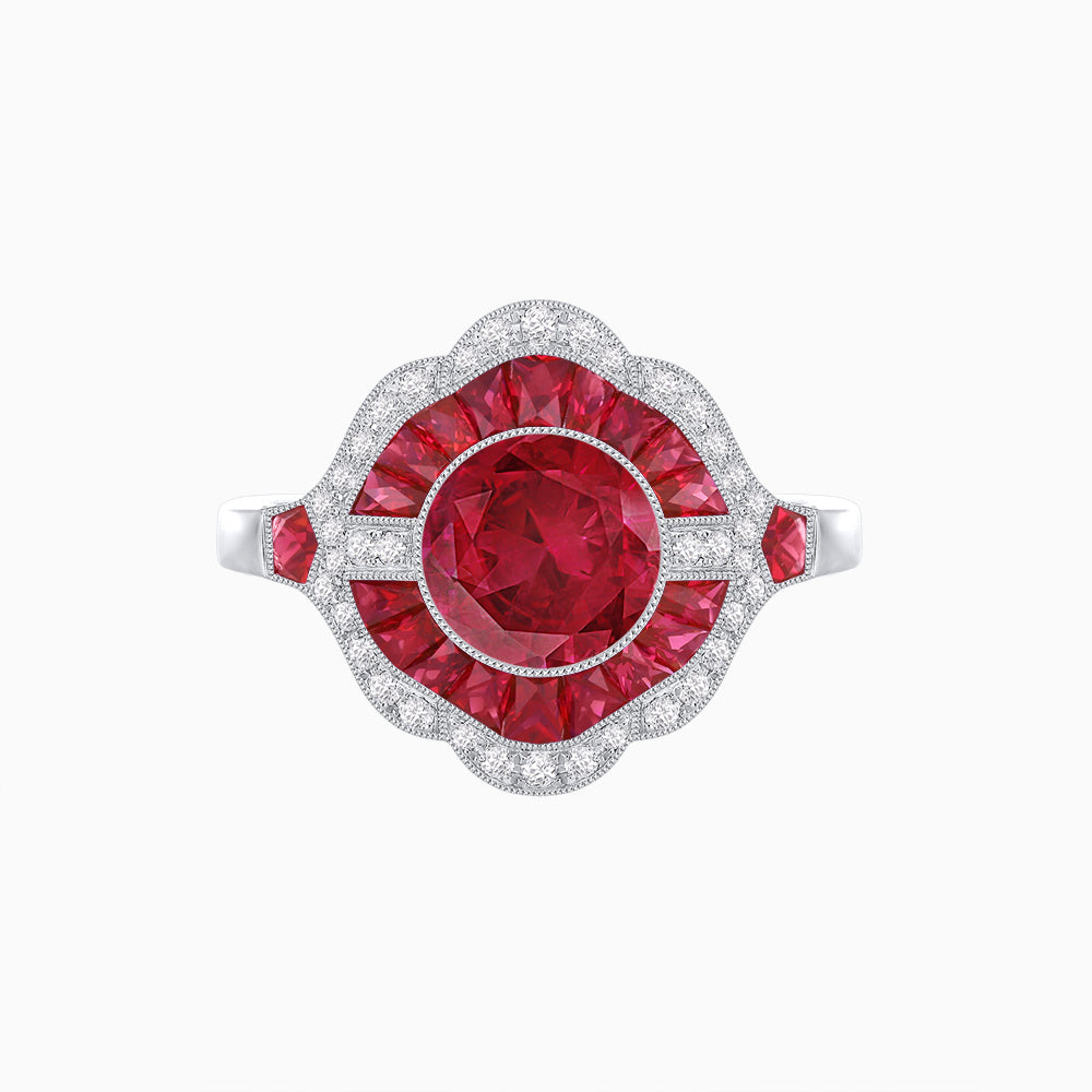 Art Deco Inspired Round Cut Scalloped Double Halo Ring with French-Cut Gemstones