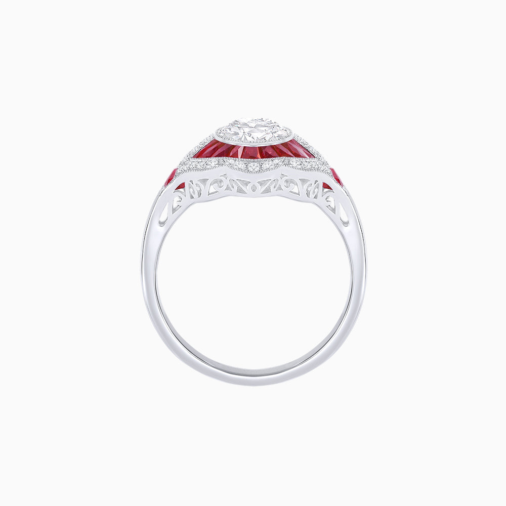 Art Deco Inspired Round Cut Scalloped Double Halo Ring with French-Cut Gemstones