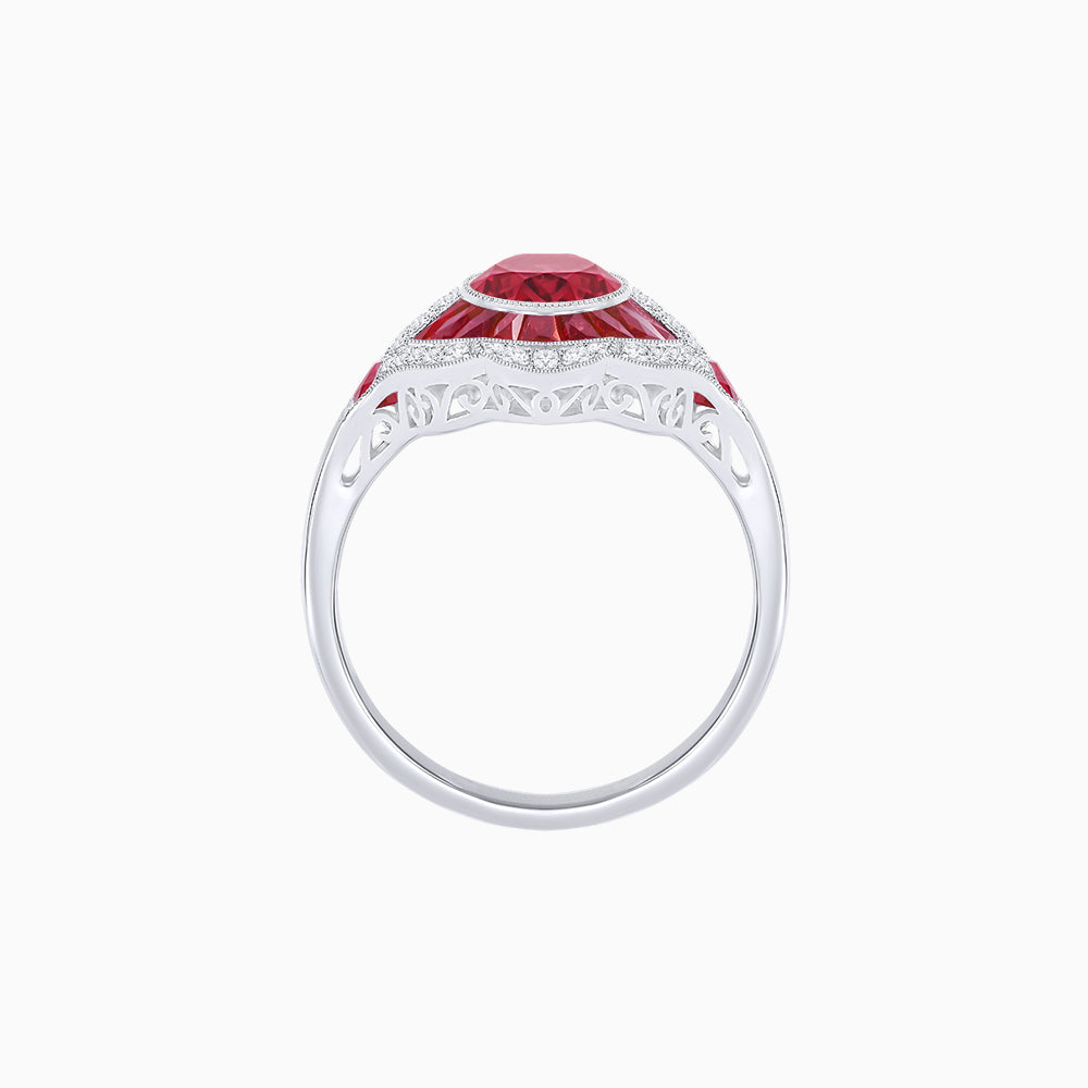 Art Deco Inspired Round Cut Scalloped Double Halo Ring with French-Cut Gemstones