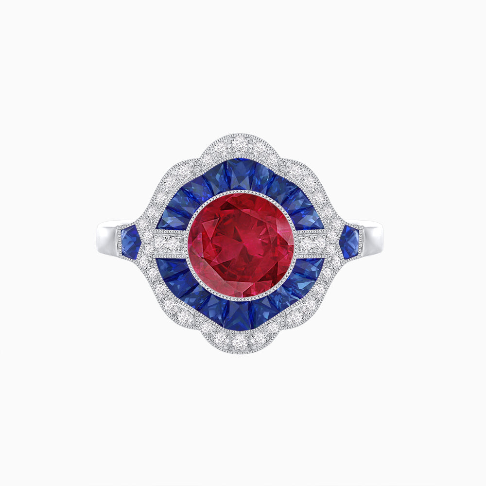 Art Deco Inspired Round Cut Scalloped Double Halo Ring with French-Cut Gemstones