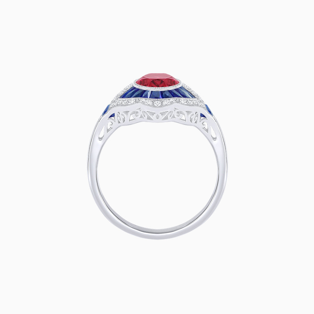 Art Deco Inspired Round Cut Scalloped Double Halo Ring with French-Cut Gemstones