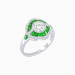 Load image into Gallery viewer, Art Deco Inspired Round Cut Scalloped Double Halo Ring with French-Cut Gemstones
