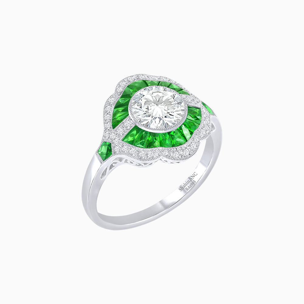 Art Deco Inspired Round Cut Scalloped Double Halo Ring with French-Cut Gemstones