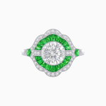 Load image into Gallery viewer, Art Deco Inspired Round Cut Scalloped Double Halo Ring with French-Cut Gemstones
