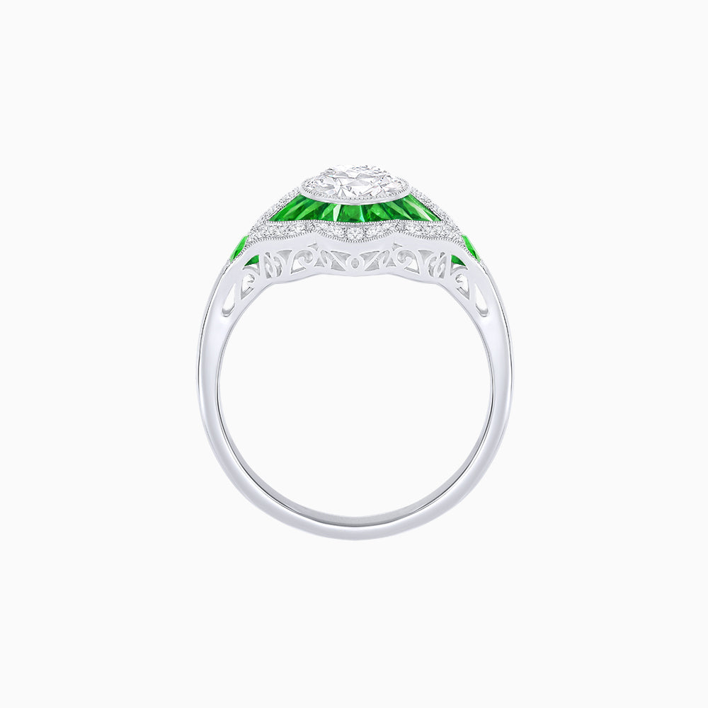 Art Deco Inspired Round Cut Scalloped Double Halo Ring with French-Cut Gemstones