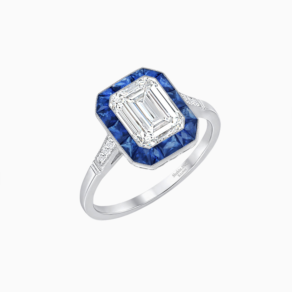 Art Deco Inspired Emerald Cut French-Cut Gemstone Halo Ring