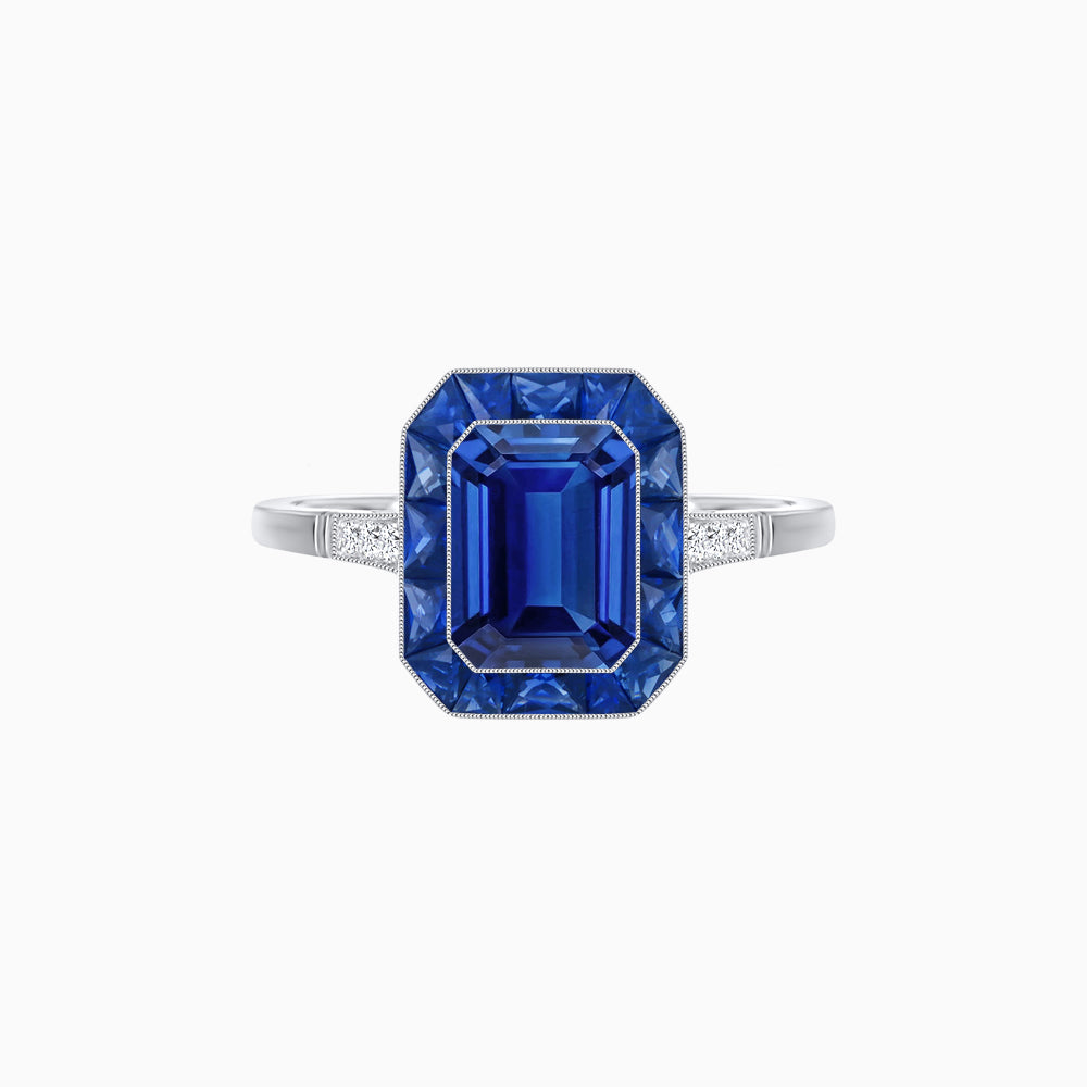 Art Deco Inspired Emerald Cut French-Cut Gemstone Halo Ring