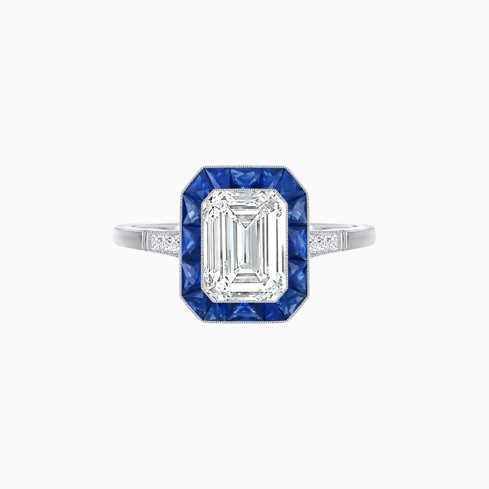 Art Deco Inspired Emerald Cut French-Cut Gemstone Halo Ring
