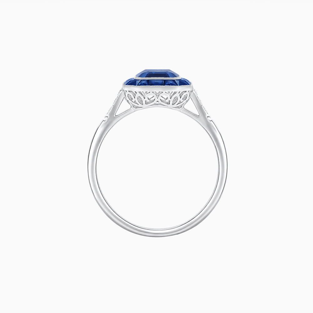 Art Deco Inspired Emerald Cut French-Cut Gemstone Halo Ring