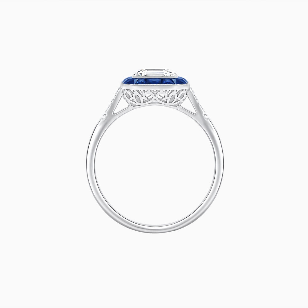 Art Deco Inspired Emerald Cut French-Cut Gemstone Halo Ring