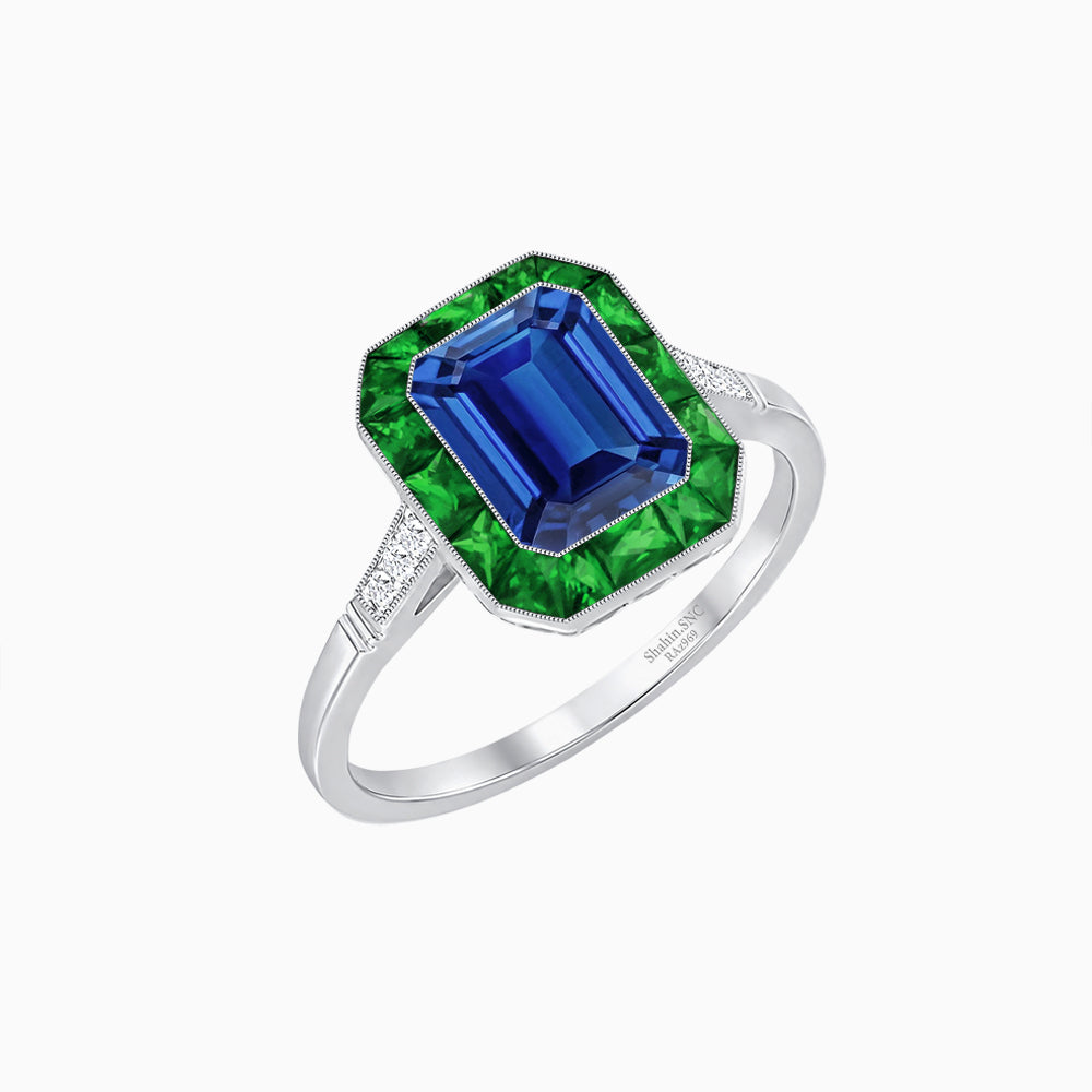 Art Deco Inspired Emerald Cut French-Cut Gemstone Halo Ring