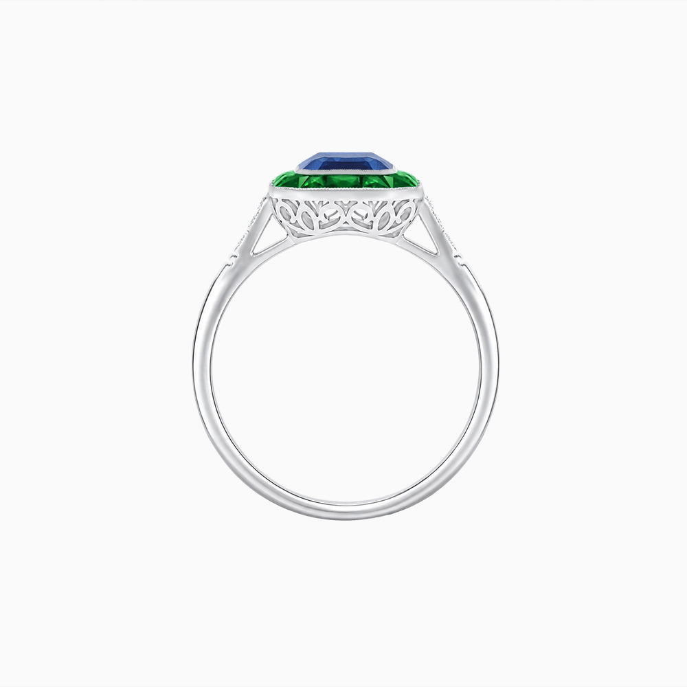 Art Deco Inspired Emerald Cut French-Cut Gemstone Halo Ring