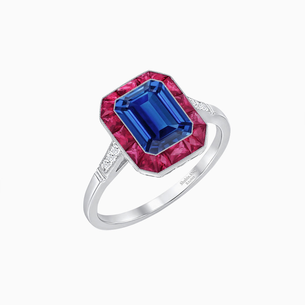 Art Deco Inspired Emerald Cut French-Cut Gemstone Halo Ring