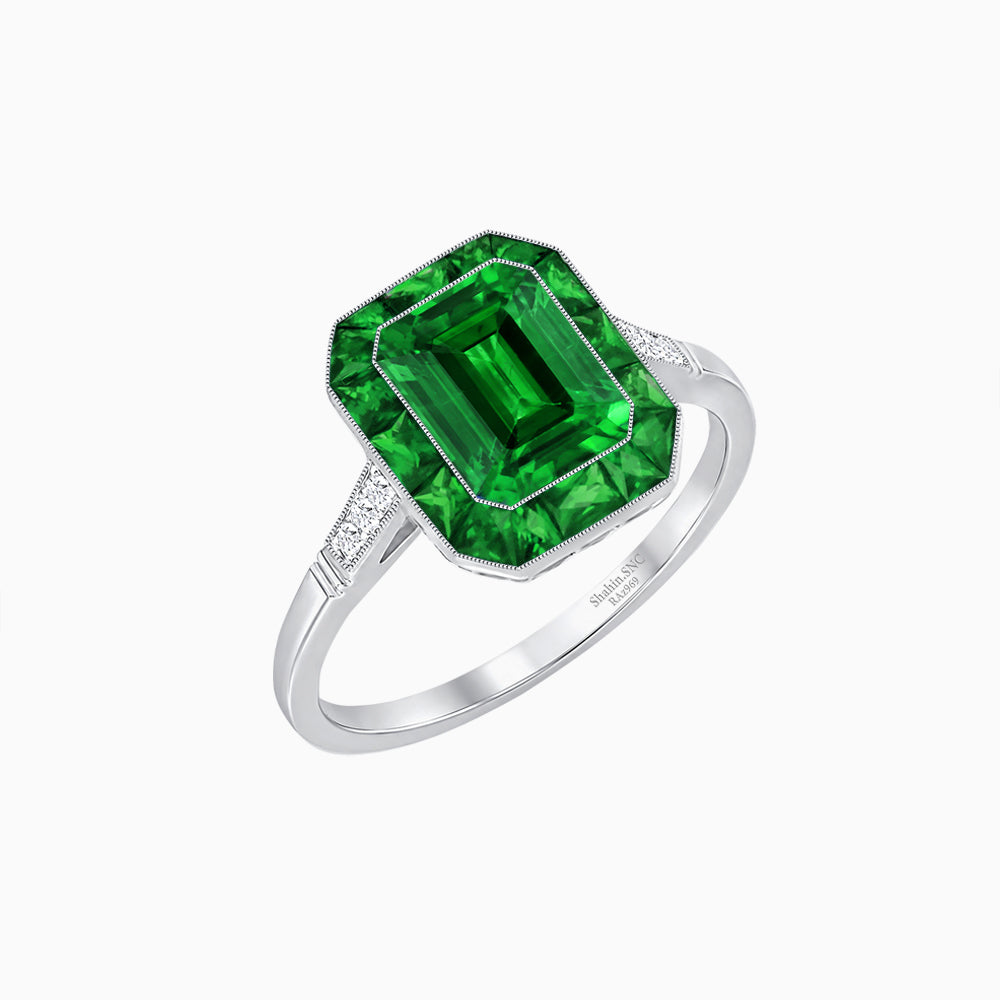 Art Deco Inspired Emerald Cut French-Cut Gemstone Halo Ring