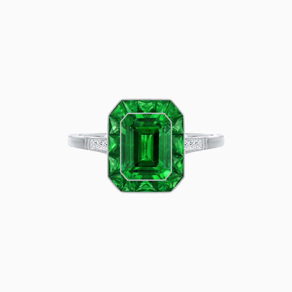 Art Deco Inspired Emerald Cut French-Cut Gemstone Halo Ring