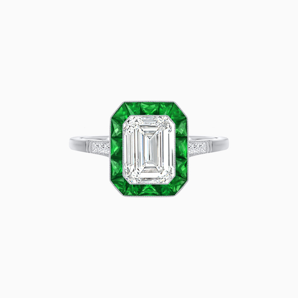 Art Deco Inspired Emerald Cut French-Cut Gemstone Halo Ring