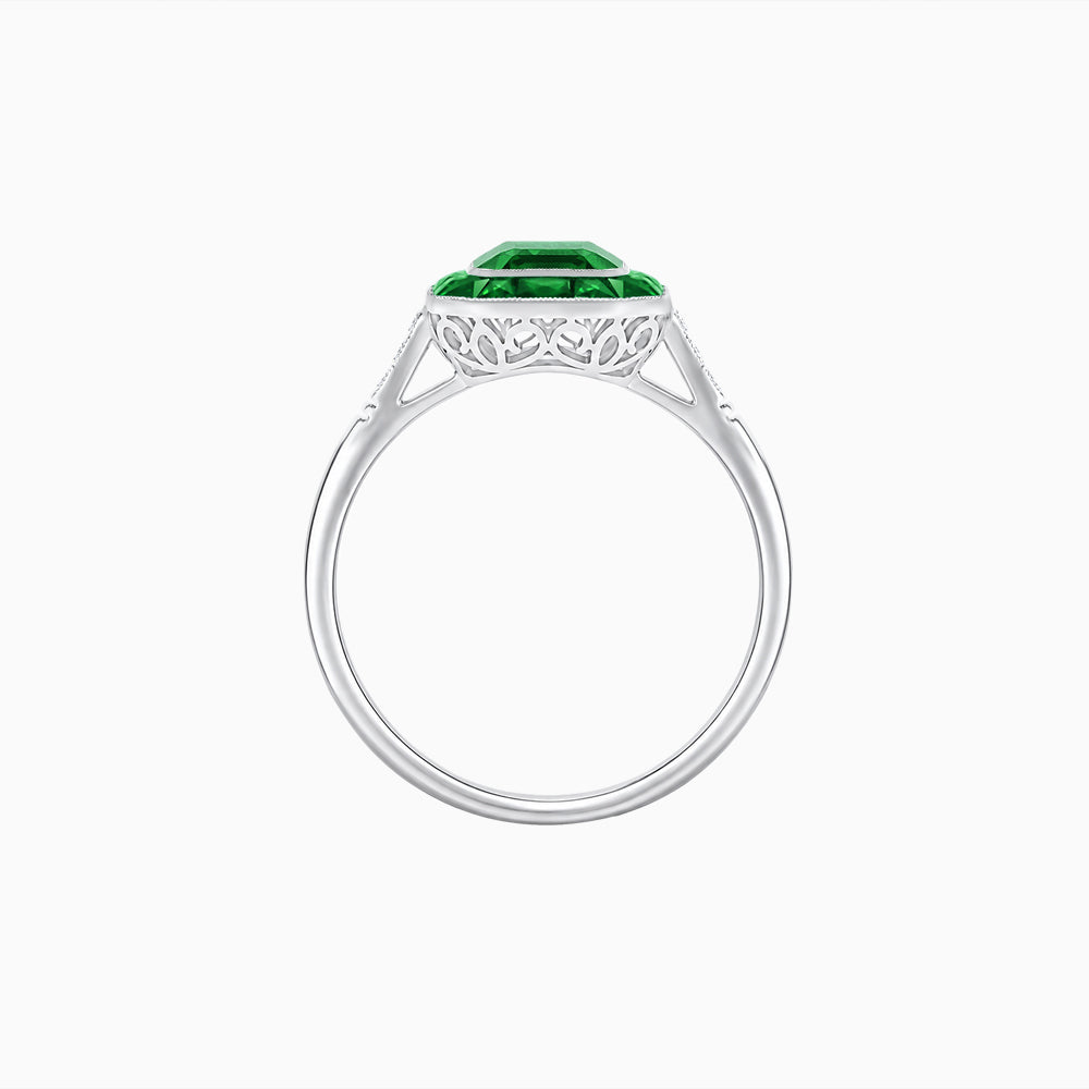 Art Deco Inspired Emerald Cut French-Cut Gemstone Halo Ring