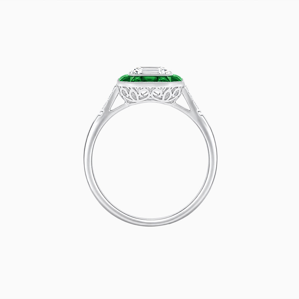 Art Deco Inspired Emerald Cut French-Cut Gemstone Halo Ring