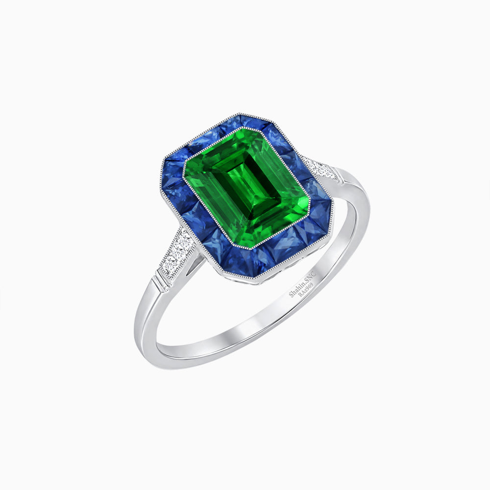 Art Deco Inspired Emerald Cut French-Cut Gemstone Halo Ring