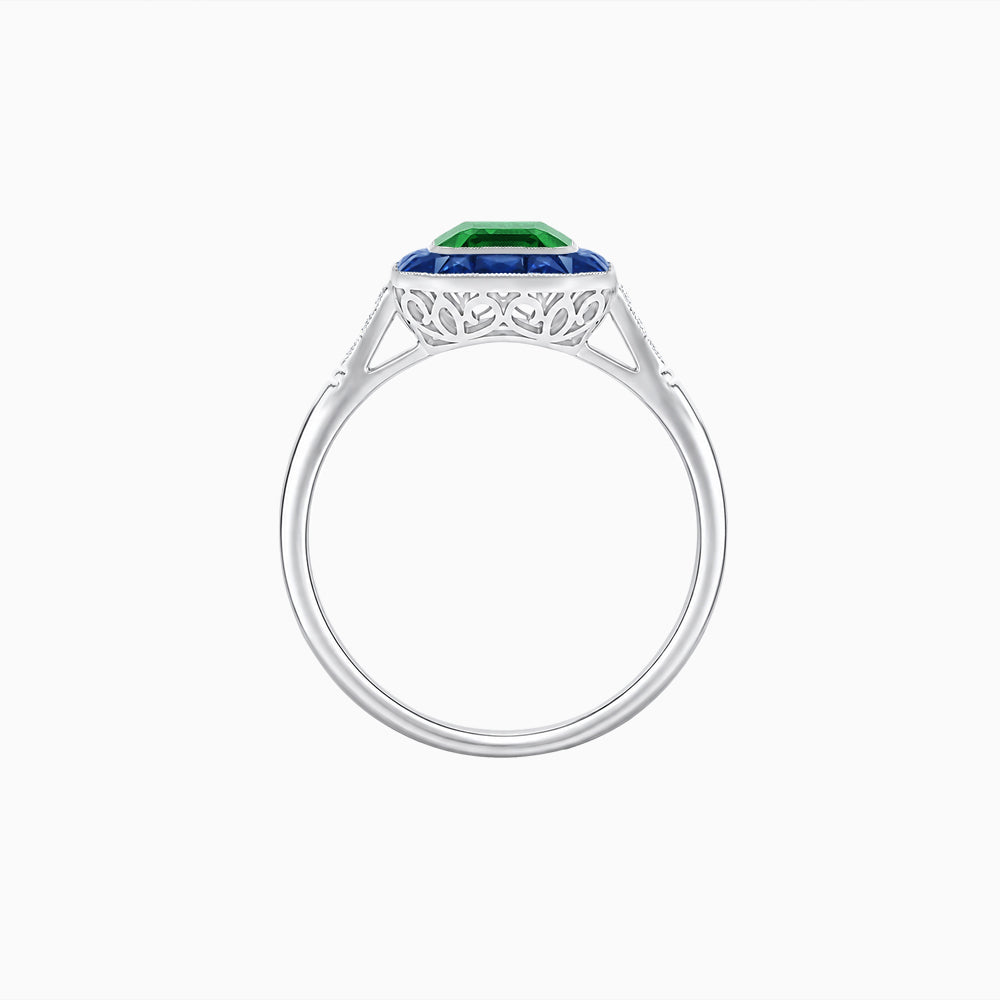 Art Deco Inspired Emerald Cut French-Cut Gemstone Halo Ring