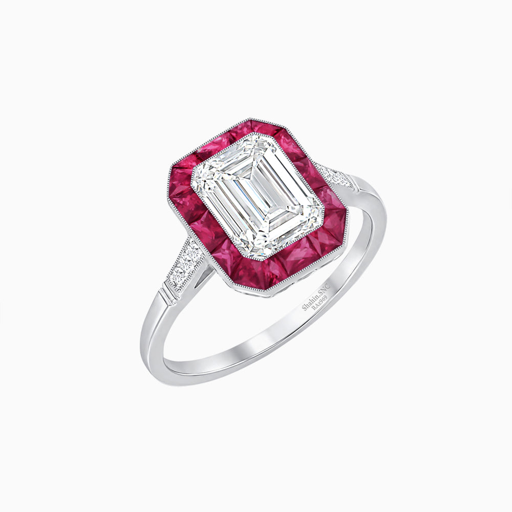 Art Deco Inspired Emerald Cut French-Cut Gemstone Halo Ring