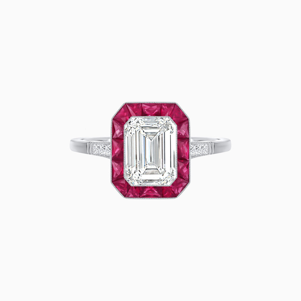 Art Deco Inspired Emerald Cut French-Cut Gemstone Halo Ring