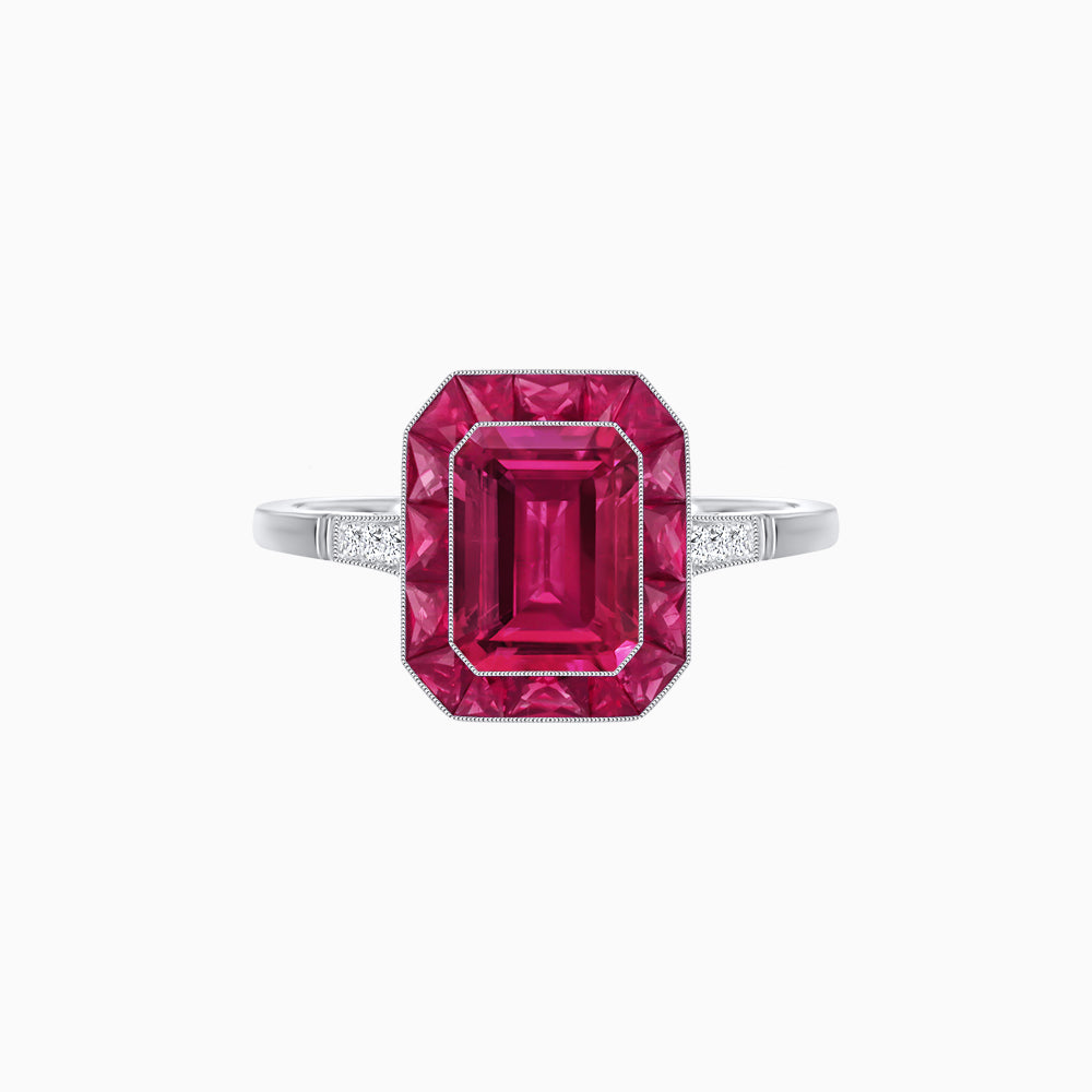 Art Deco Inspired Emerald Cut French-Cut Gemstone Halo Ring