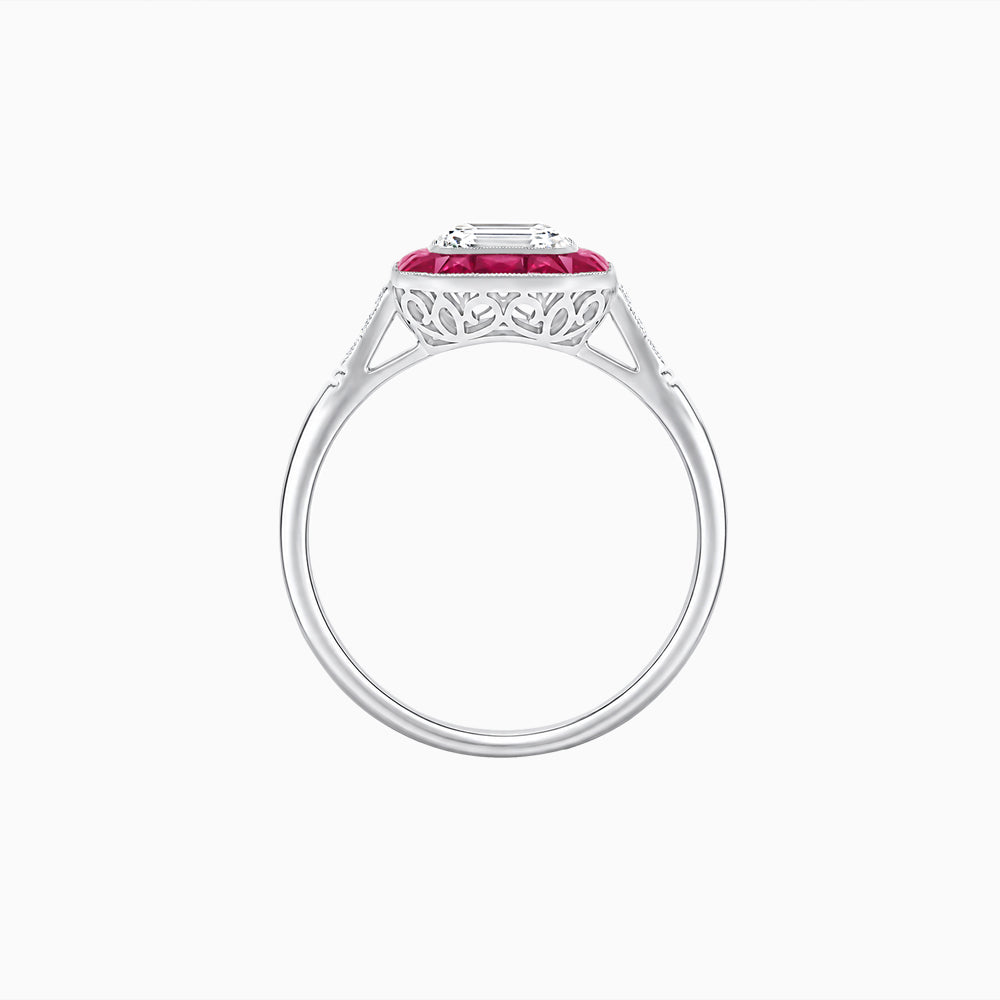 Art Deco Inspired Emerald Cut French-Cut Gemstone Halo Ring