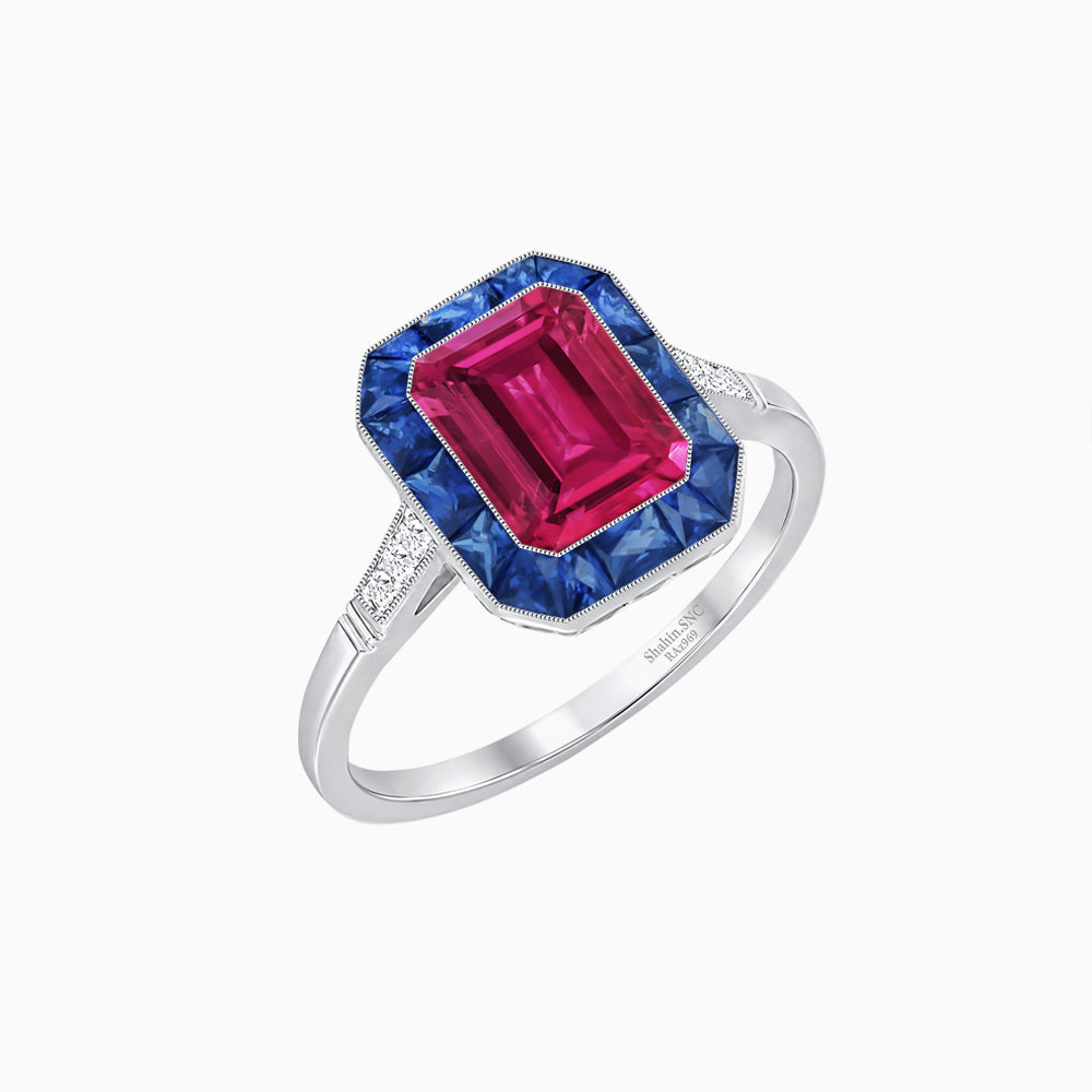 Art Deco Inspired Emerald Cut French-Cut Gemstone Halo Ring