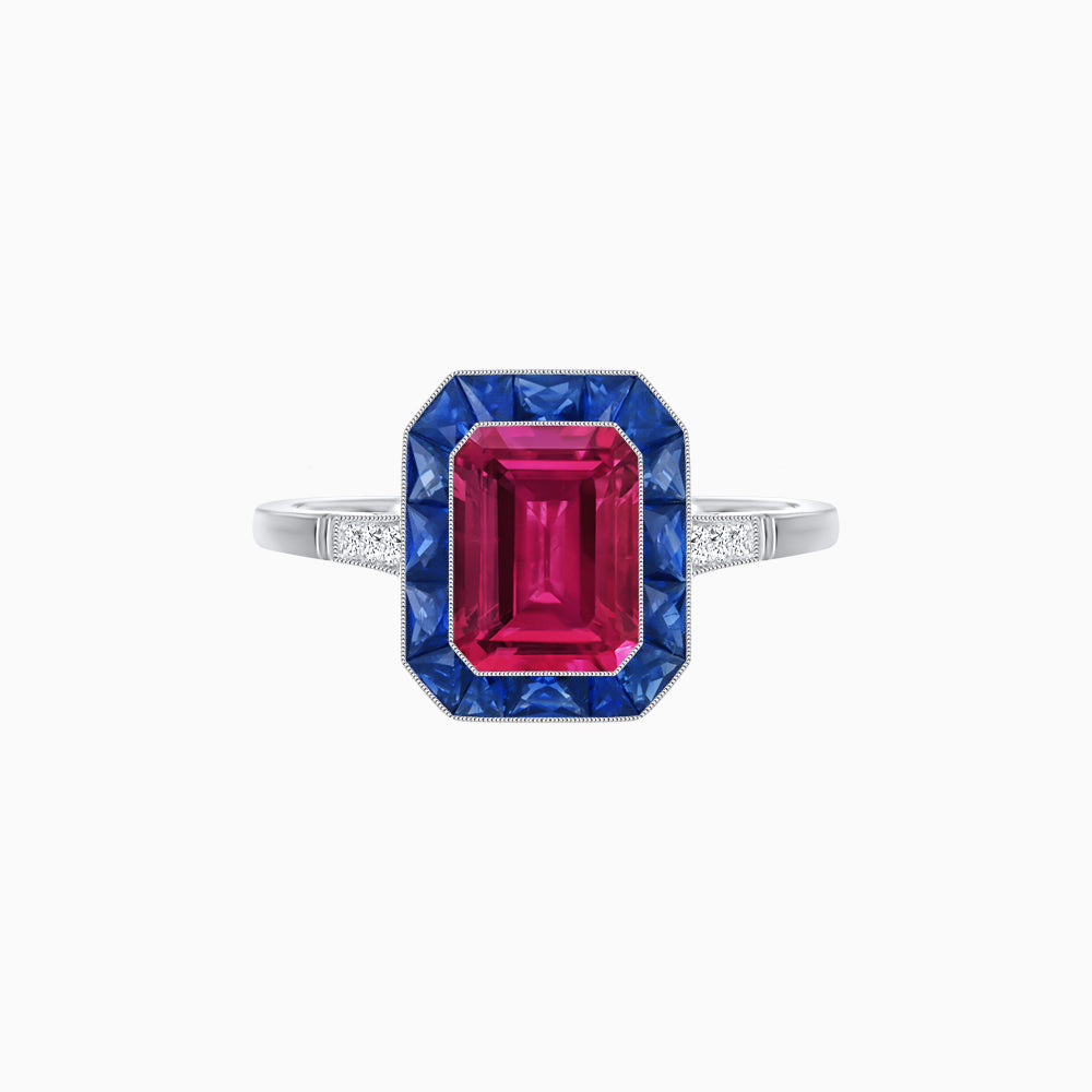 Art Deco Inspired Emerald Cut French-Cut Gemstone Halo Ring