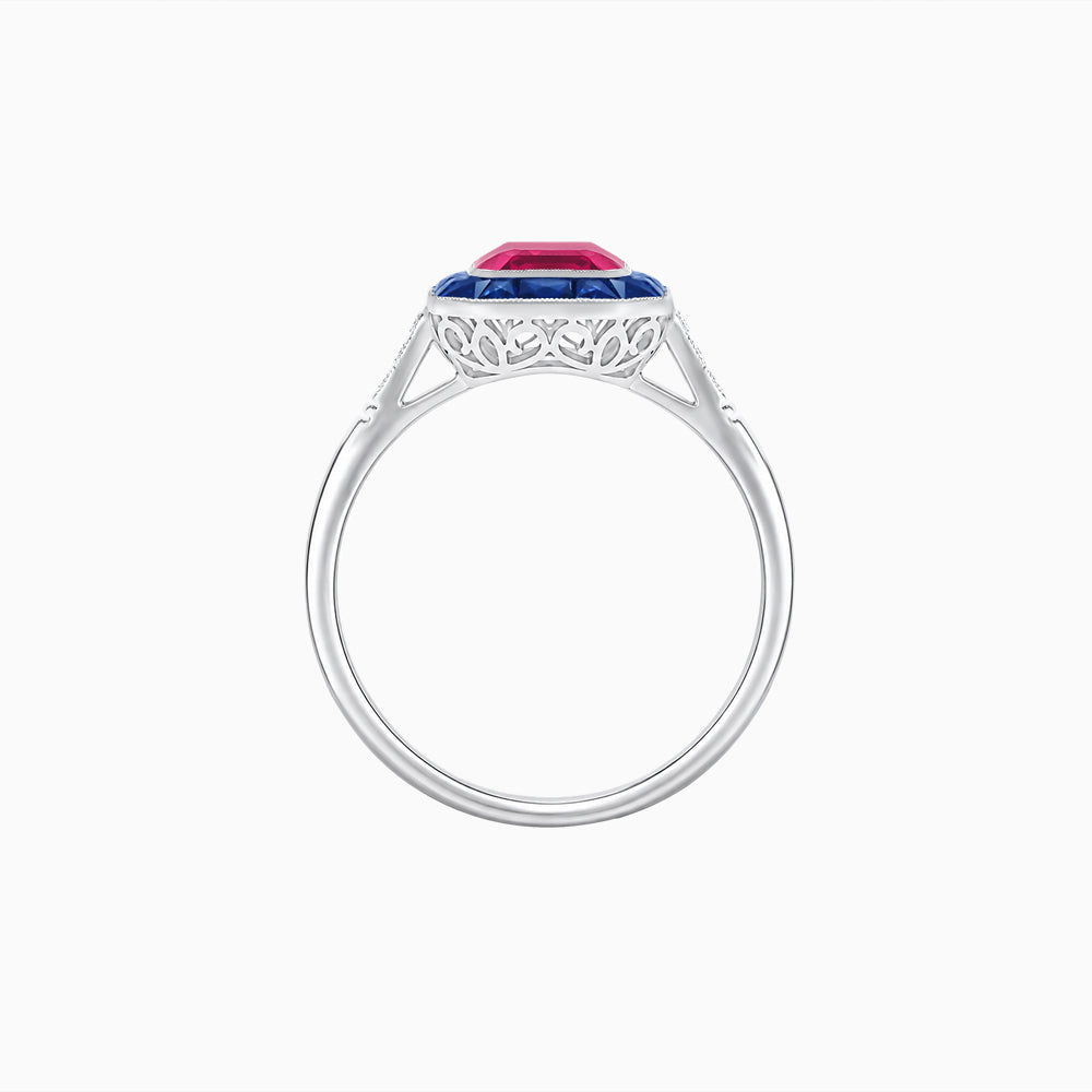 Art Deco Inspired Emerald Cut French-Cut Gemstone Halo Ring