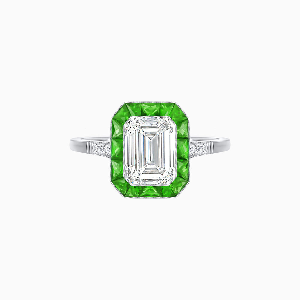 Art Deco Inspired Emerald Cut French-Cut Gemstone Halo Ring
