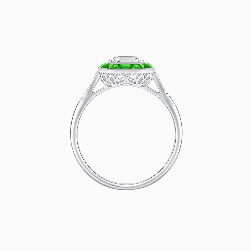 Art Deco Inspired Emerald Cut French-Cut Gemstone Halo Ring