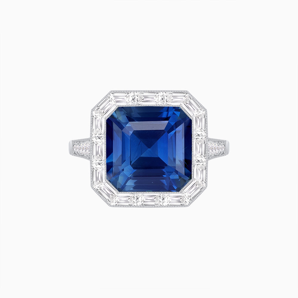 Art Deco Inspired Asscher Cut Ring with Baguette Diamond Halo