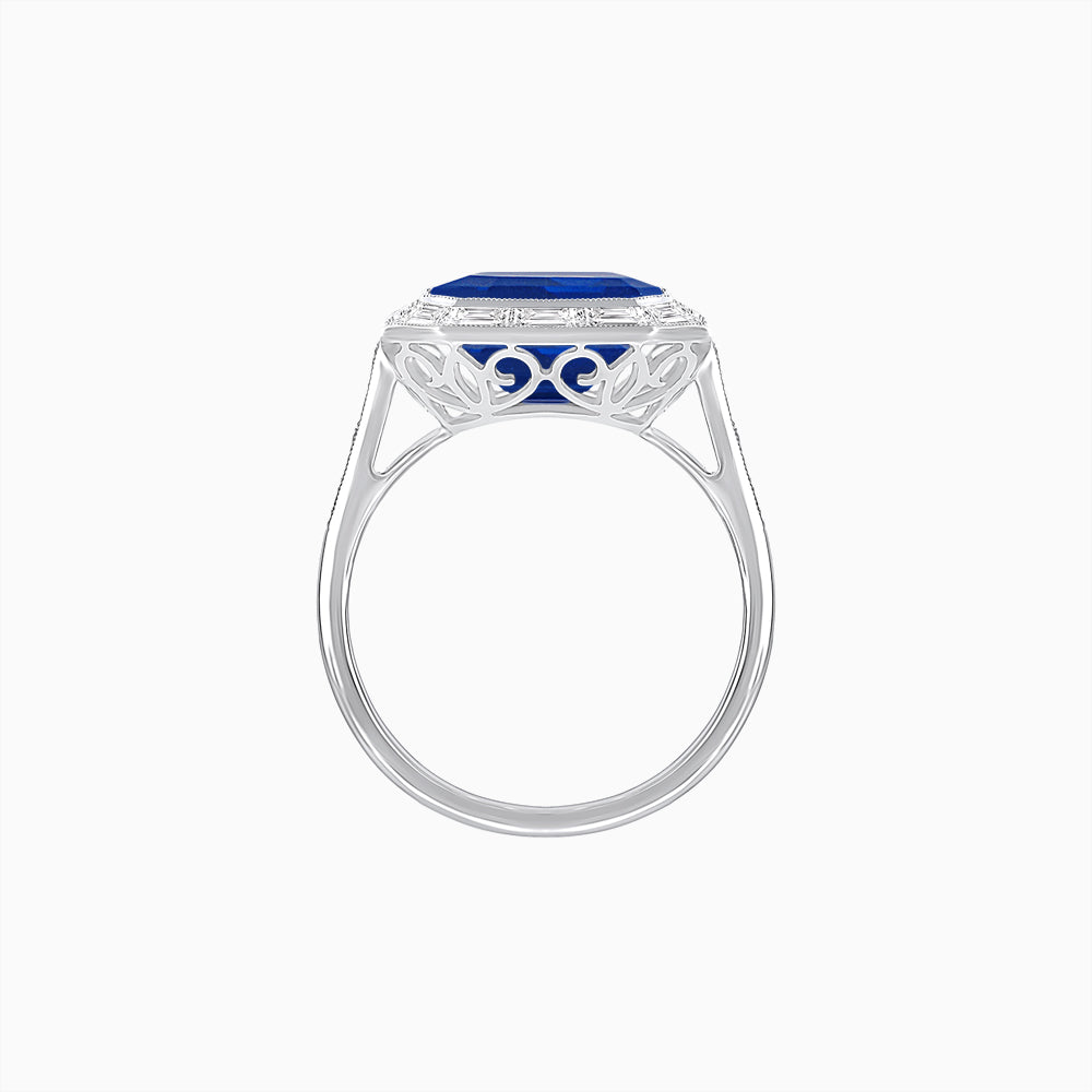 Art Deco Inspired Asscher Cut Ring with Baguette Diamond Halo